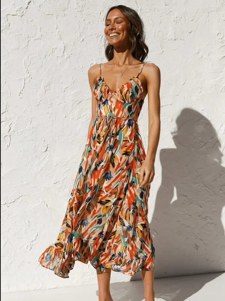 Women's Boho Floral Print Spaghetti Strap Fall Midi Dress