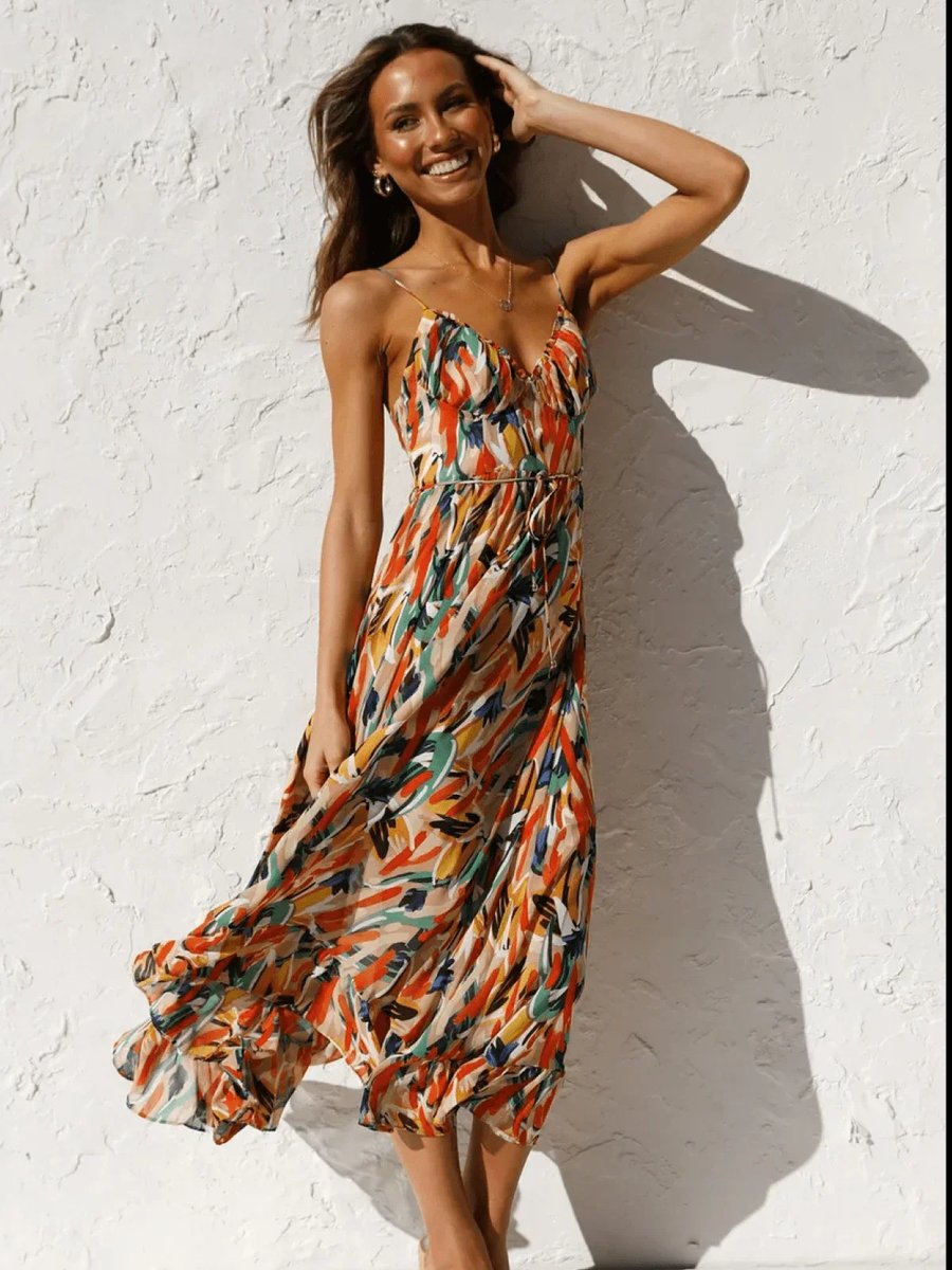 Women's Boho Floral Print Spaghetti Strap Fall Midi Dress
