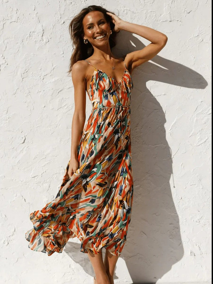 Women's Boho Floral Print Spaghetti Strap Fall Midi Dress
