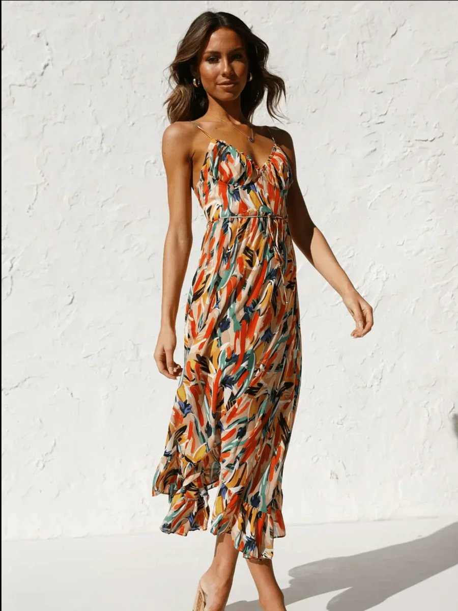 Women's Boho Floral Print Spaghetti Strap Fall Midi Dress