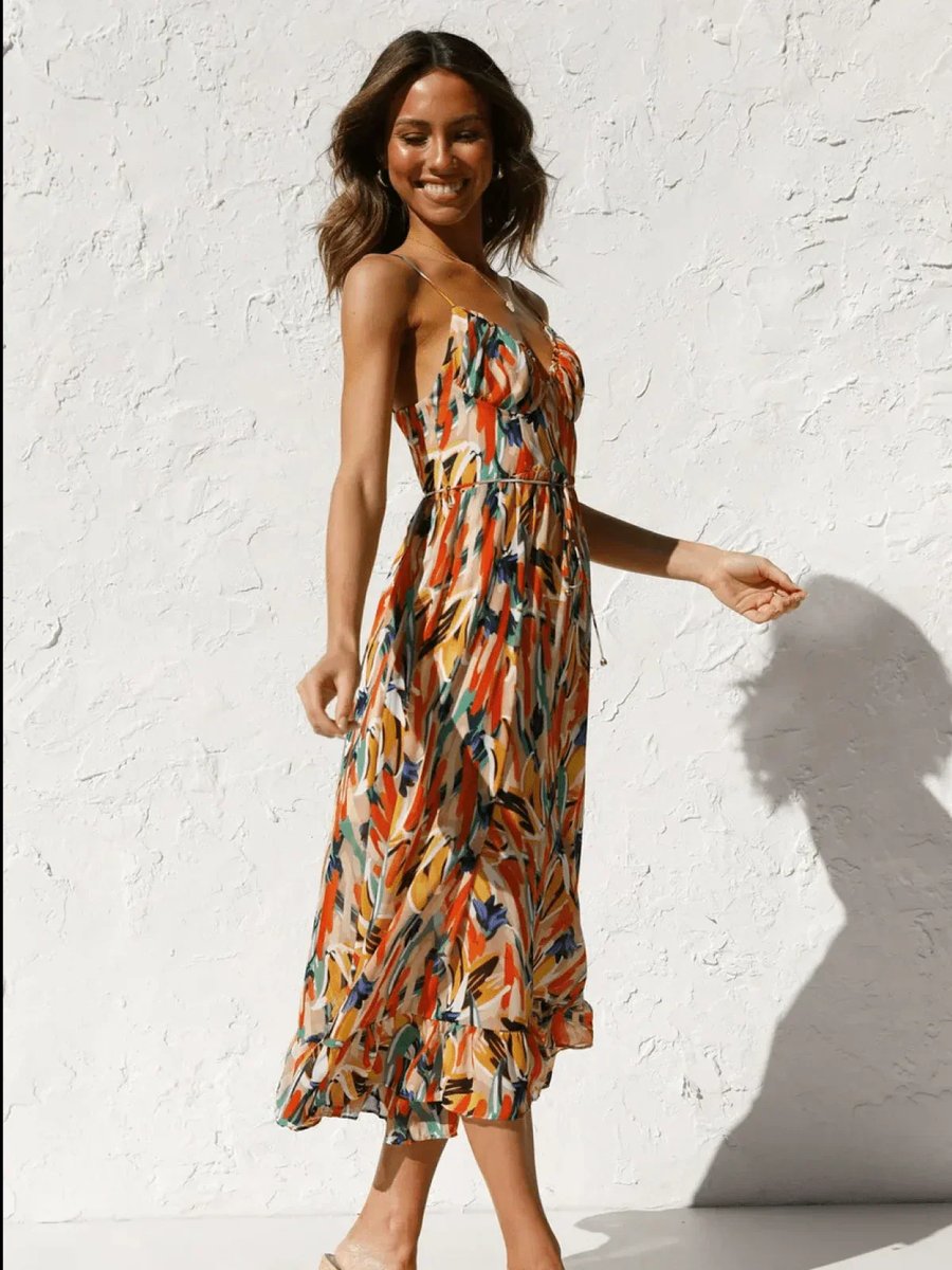 Women's Boho Floral Print Spaghetti Strap Fall Midi Dress