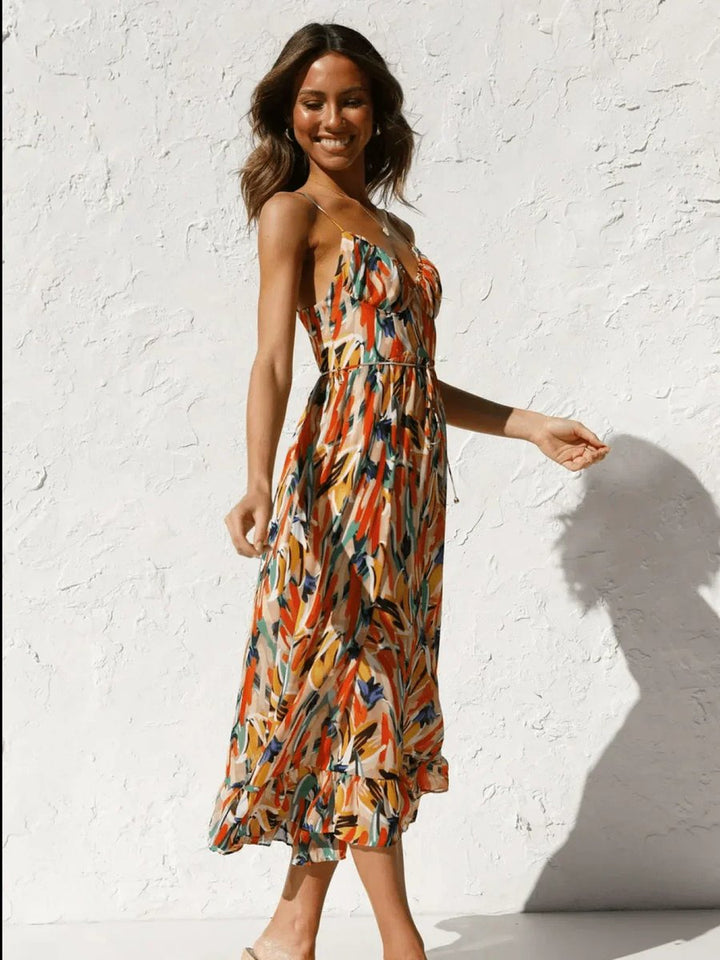 Women's Boho Floral Print Spaghetti Strap Fall Midi Dress