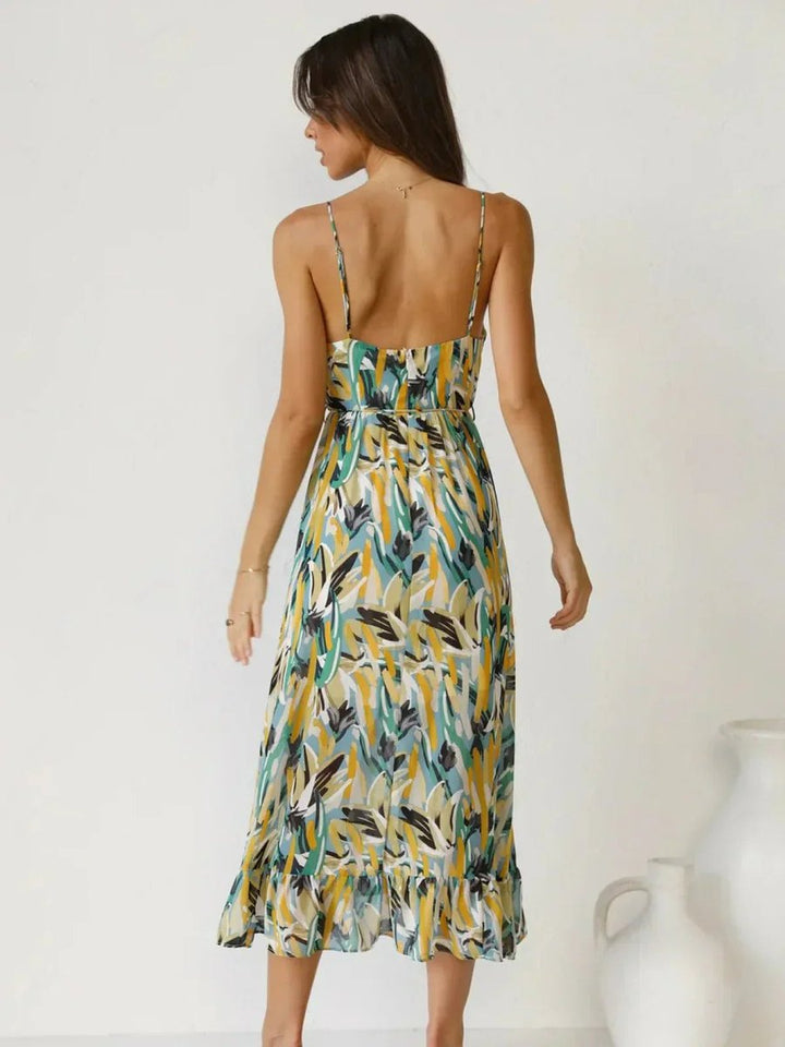 Women's Boho Floral Print Spaghetti Strap Fall Midi Dress
