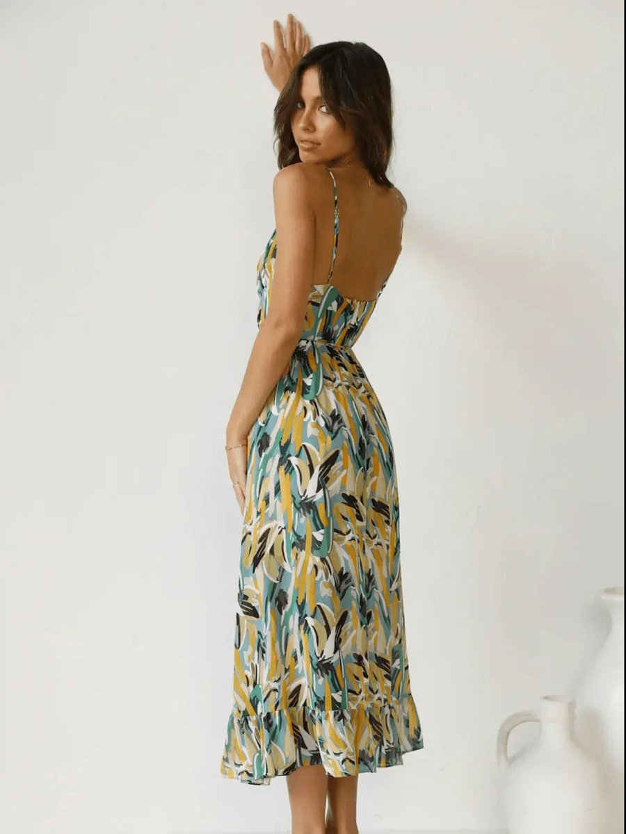 Women's Boho Floral Print Spaghetti Strap Fall Midi Dress