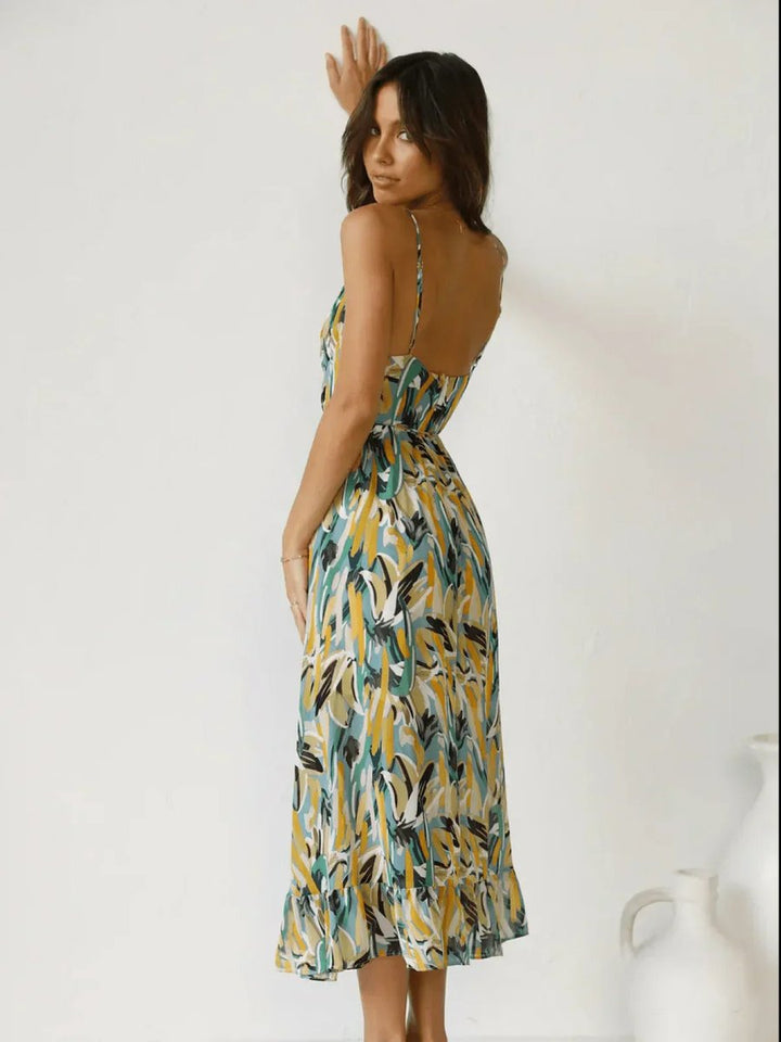 Women's Boho Floral Print Spaghetti Strap Fall Midi Dress
