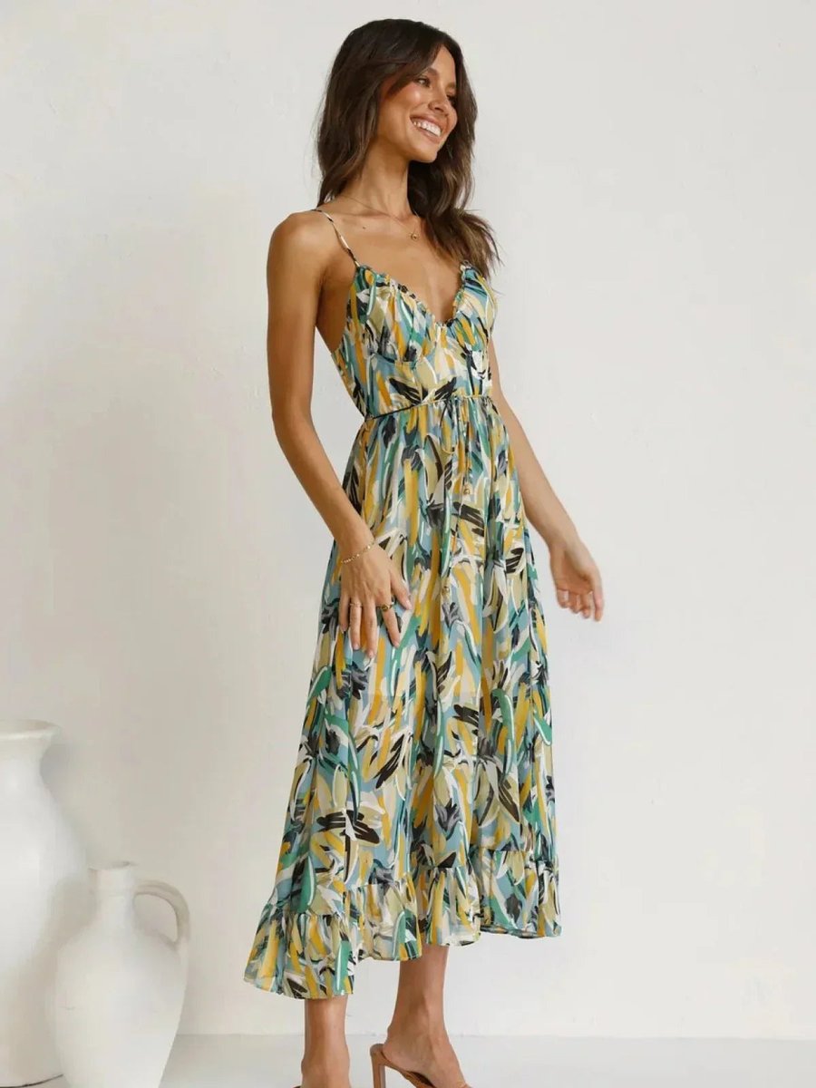 Women's Boho Floral Print Spaghetti Strap Fall Midi Dress