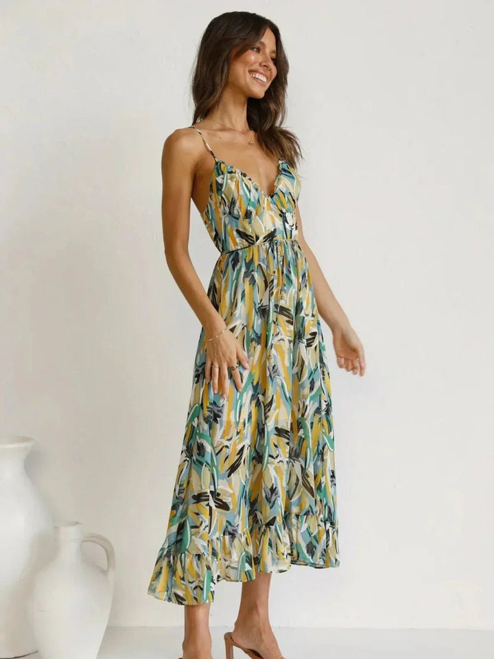 Women's Boho Floral Print Spaghetti Strap Fall Midi Dress