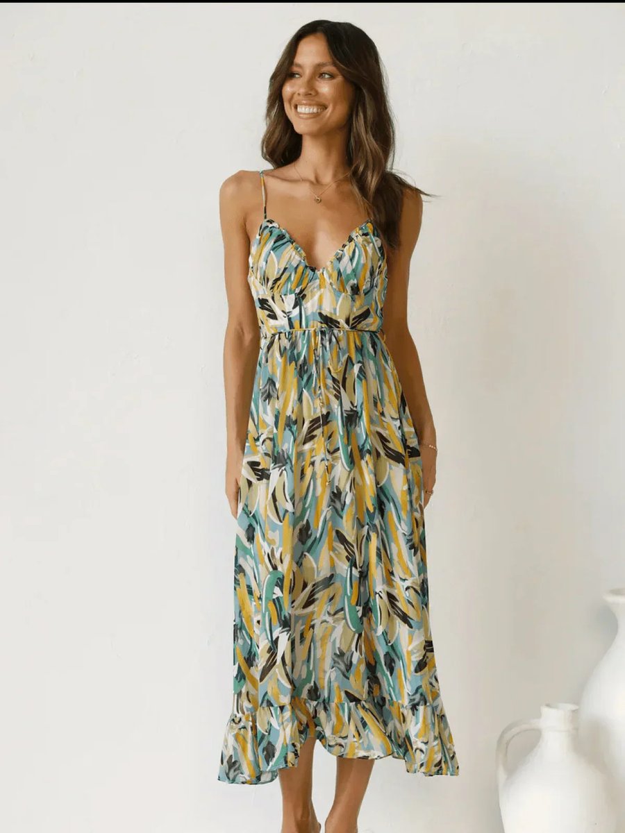 Women's Boho Floral Print Spaghetti Strap Fall Midi Dress