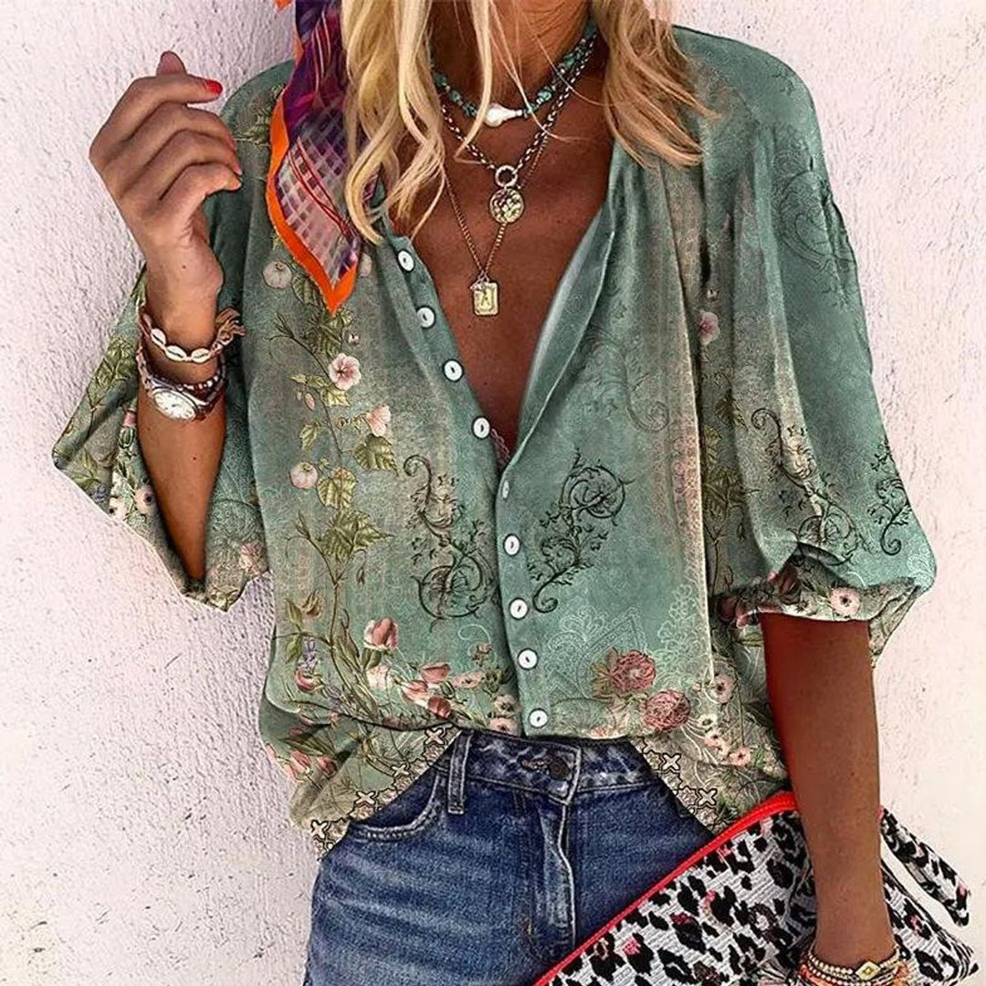 Women's Boho Floral V-Neck Button-Down Long Sleeve Blouse