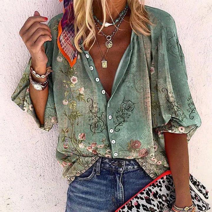 Women's Boho Floral V-Neck Button-Down Long Sleeve Blouse