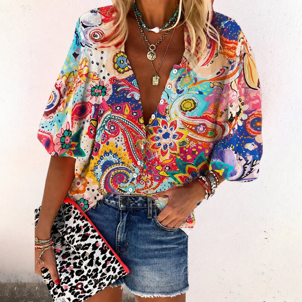 Women's Boho Floral V-Neck Button-Down Long Sleeve Blouse