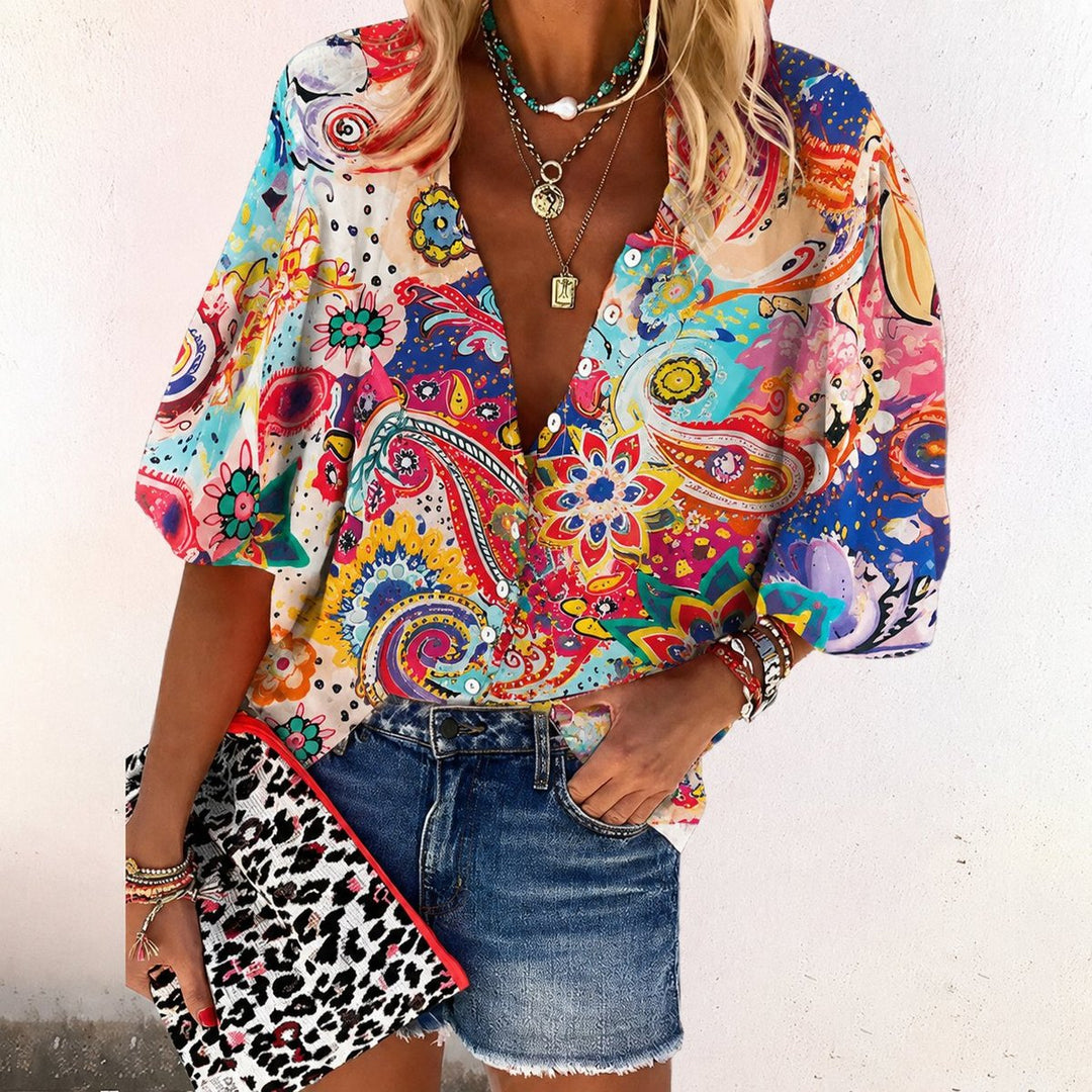 Women's Boho Floral V-Neck Button-Down Long Sleeve Blouse
