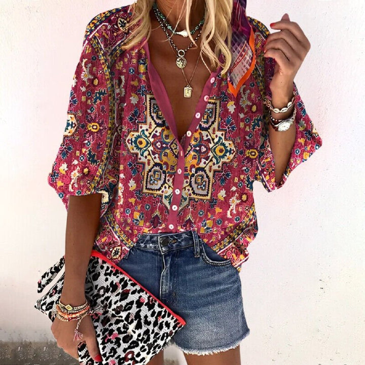 Women's Boho Floral V-Neck Button-Down Long Sleeve Blouse