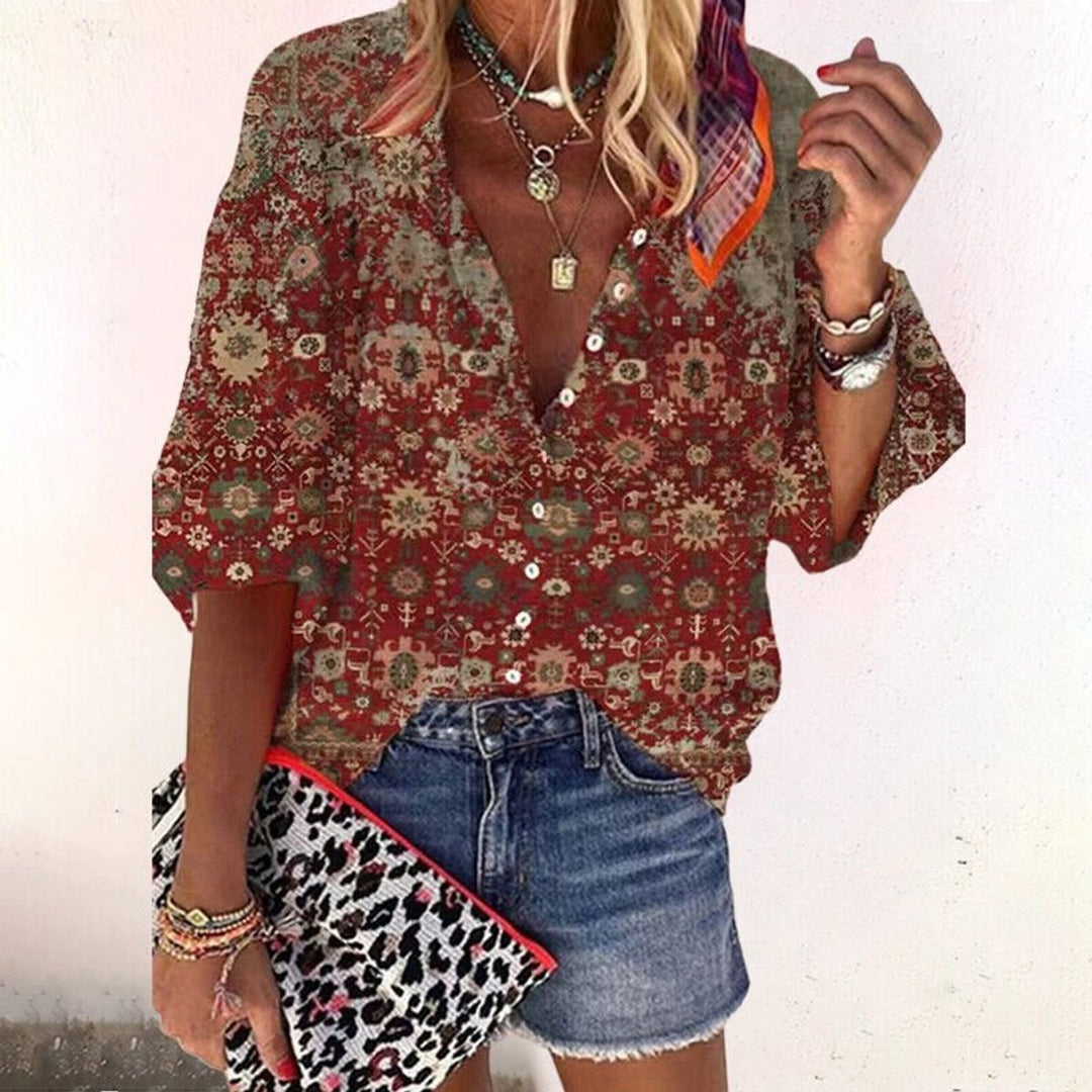 Women's Boho Floral V-Neck Button-Down Long Sleeve Blouse