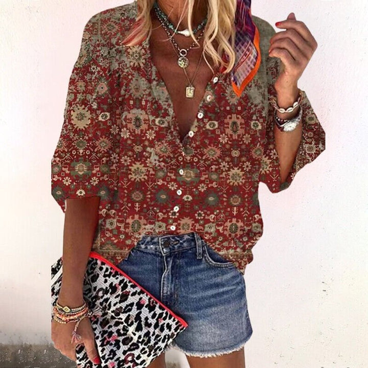 Women's Boho Floral V-Neck Button-Down Long Sleeve Blouse