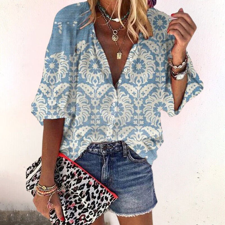 Women's Boho Floral V-Neck Button-Down Long Sleeve Blouse