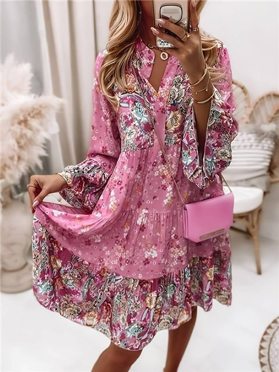 Women's Boho Floral V-Neck Long Sleeve Fall Dress Tiered Midi - Pink