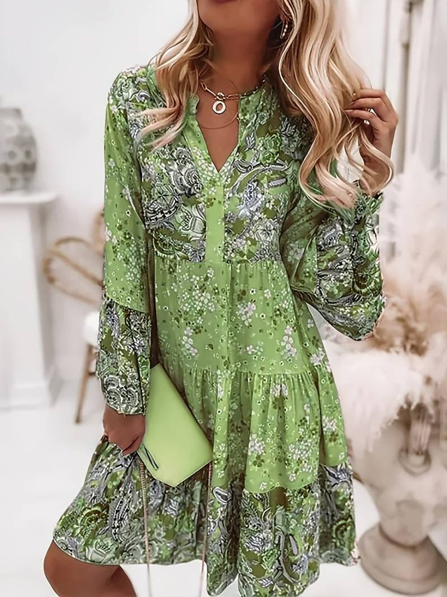 Women's Boho Floral V-Neck Long Sleeve Fall Dress Tiered Midi - Green