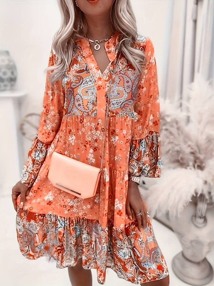 Women's Boho Floral V-Neck Long Sleeve Fall Dress Tiered Midi - Orange