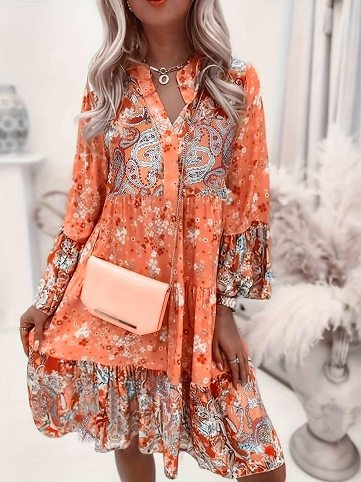 Women's Boho Floral V-Neck Long Sleeve Fall Dress Tiered Midi - Orange