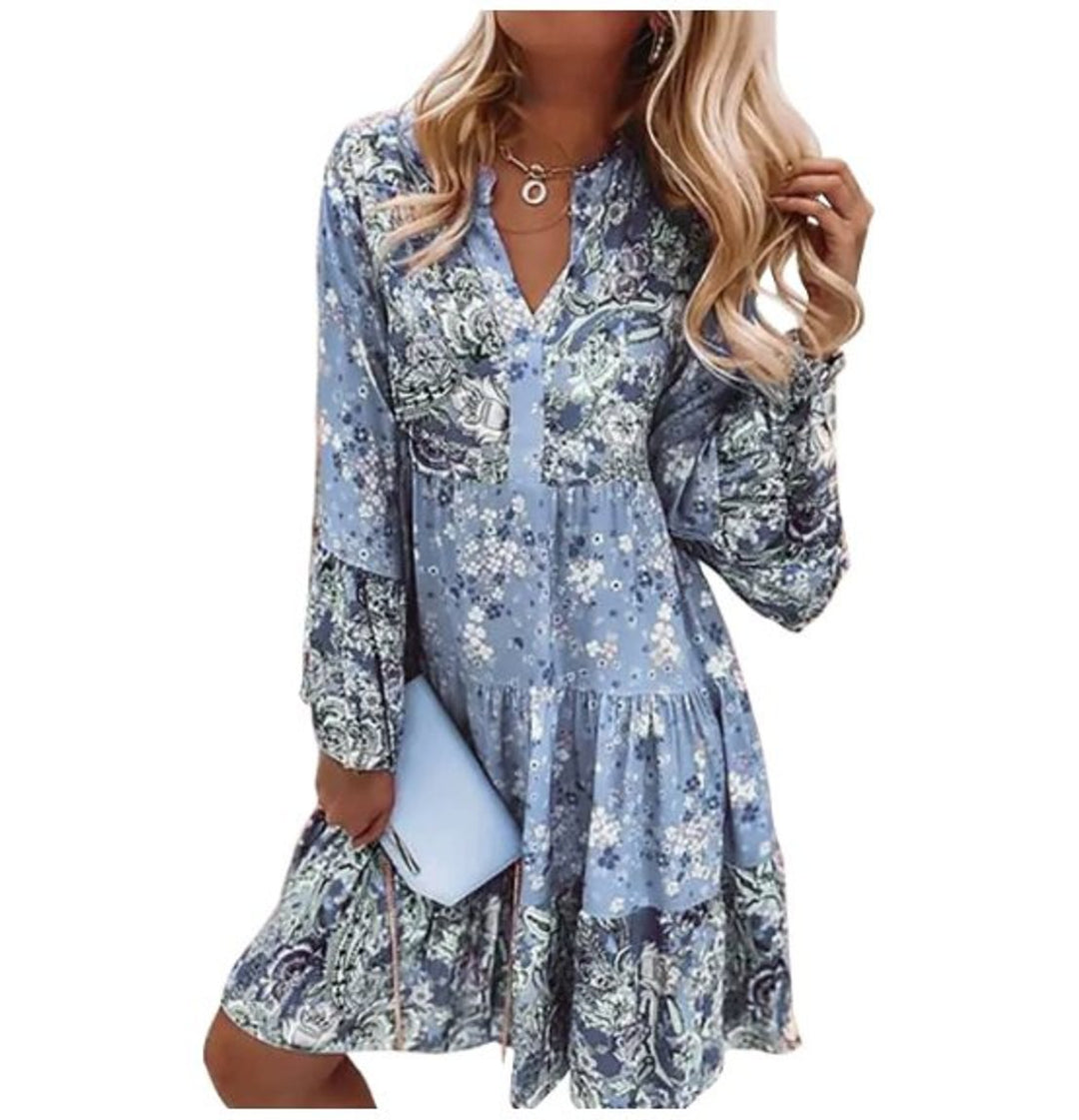 Women's Boho Floral V-Neck Long Sleeve Fall Dress Tiered Midi - Blue
