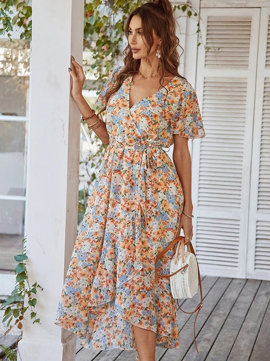 Women's Boho Floral Wrap Fall Midi Dress Flutter Sleeve