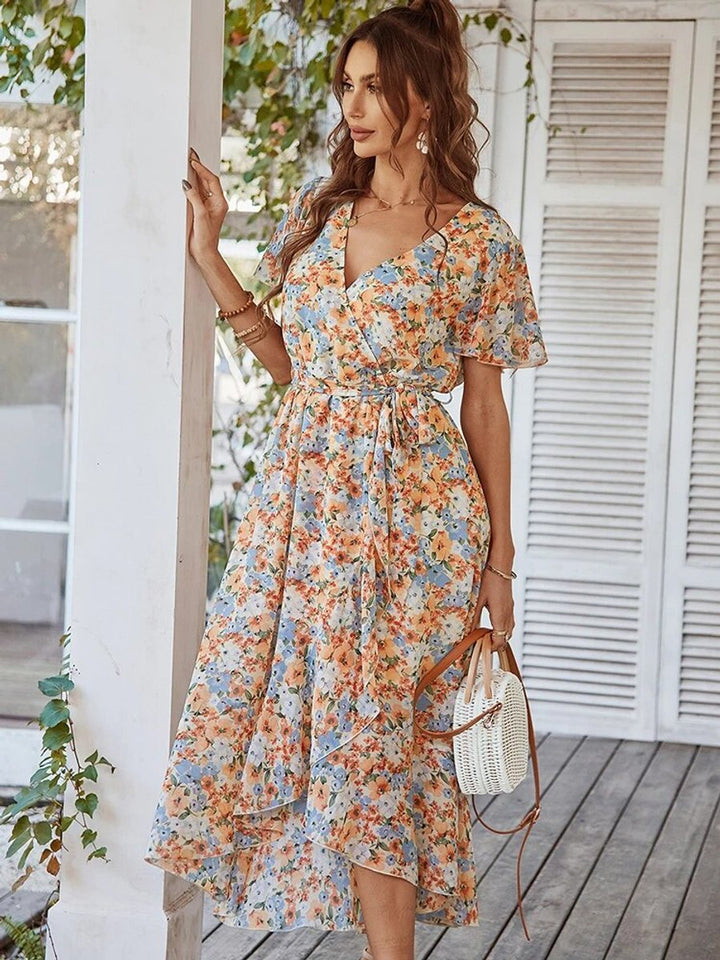 Women's Boho Floral Wrap Fall Midi Dress Flutter Sleeve