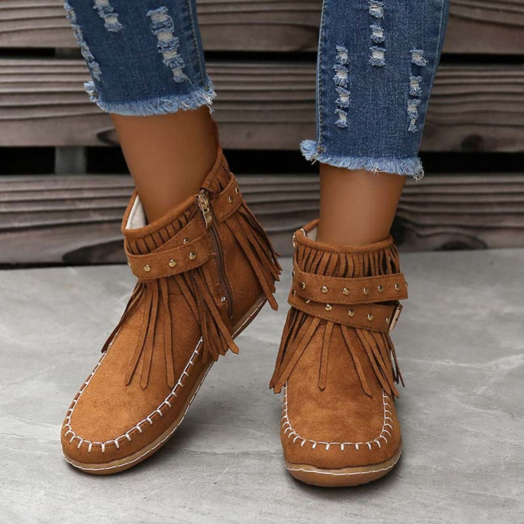 Women's Boho Fringe Studded-Strap Flat Ankle Boots