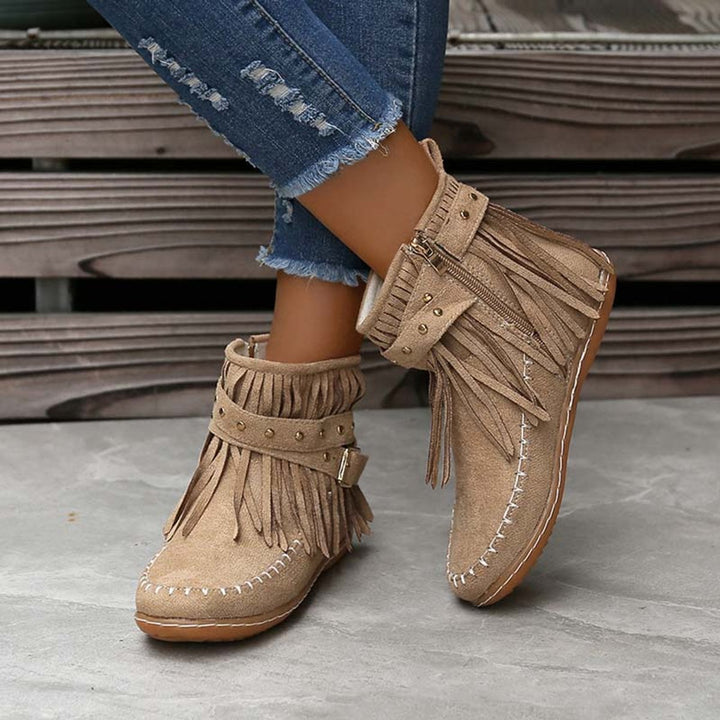 Women's Boho Fringe Studded-Strap Flat Ankle Boots
