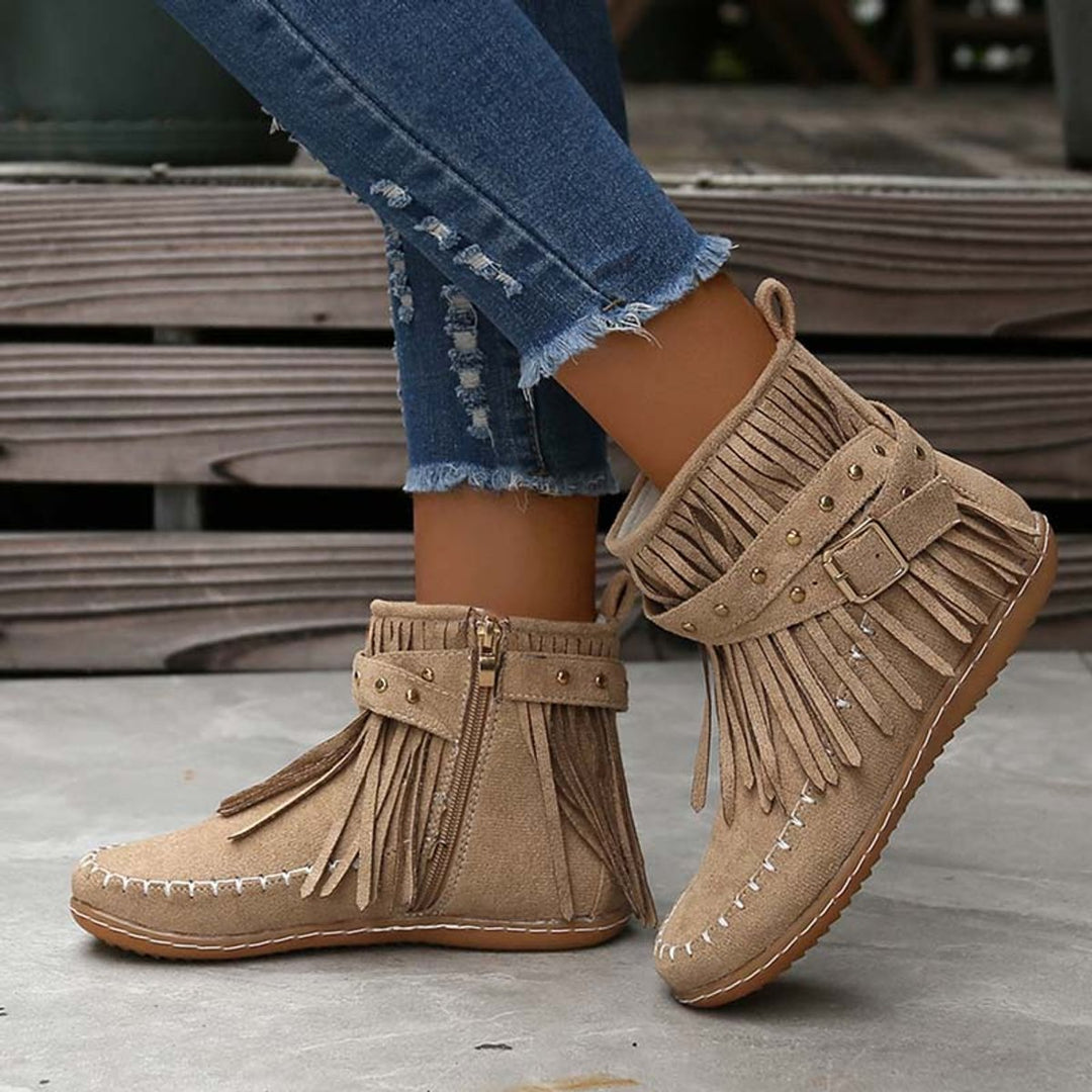 Women's Boho Fringe Studded-Strap Flat Ankle Boots