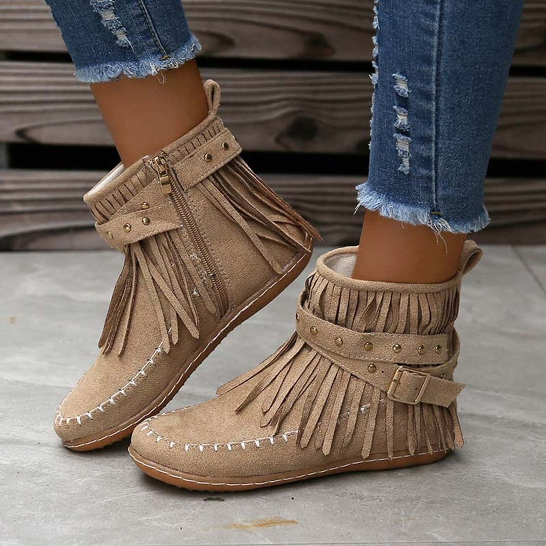 Women's Boho Fringe Studded-Strap Flat Ankle Boots