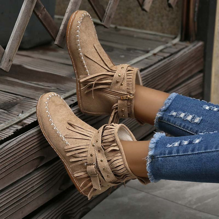Women's Boho Fringe Studded-Strap Flat Ankle Boots