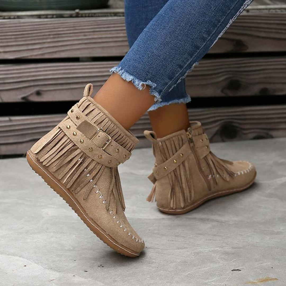 Women's Boho Fringe Studded-Strap Flat Ankle Boots