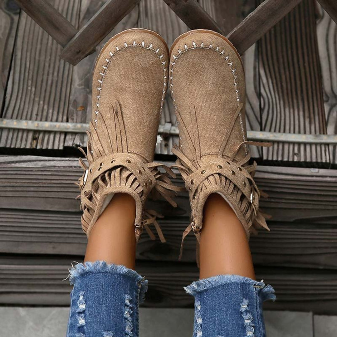 Women's Boho Fringe Studded-Strap Flat Ankle Boots