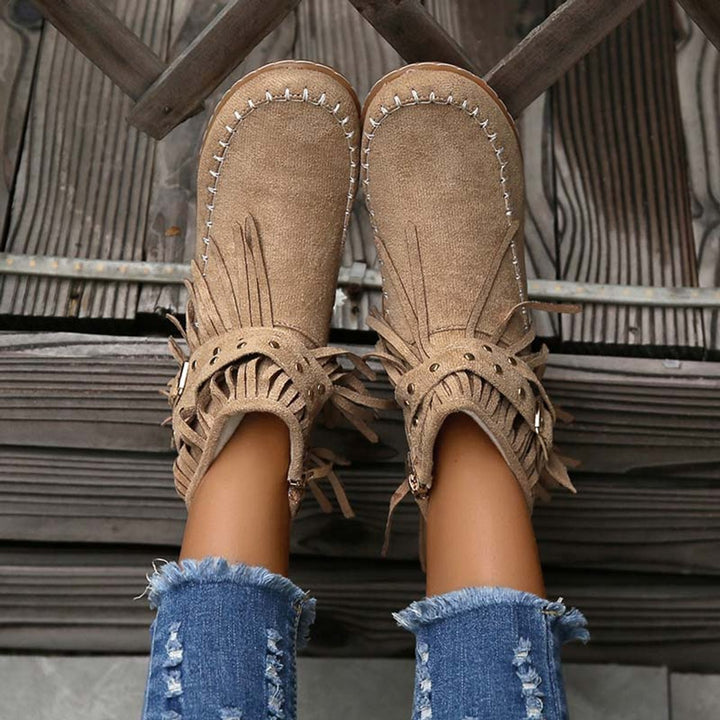 Women's Boho Fringe Studded-Strap Flat Ankle Boots