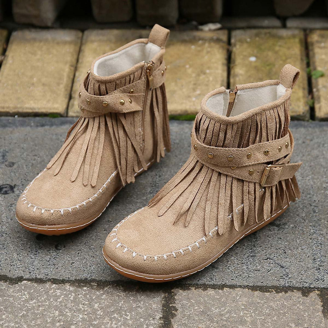 Women's Boho Fringe Studded-Strap Flat Ankle Boots