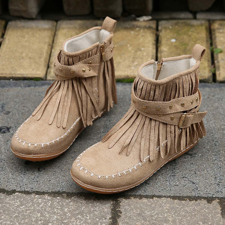 Women's Boho Fringe Studded-Strap Flat Ankle Boots