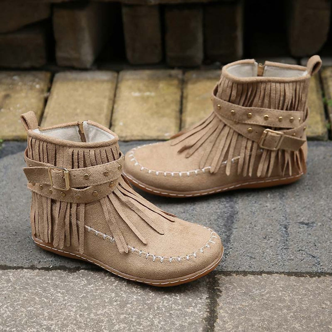 Women's Boho Fringe Studded-Strap Flat Ankle Boots