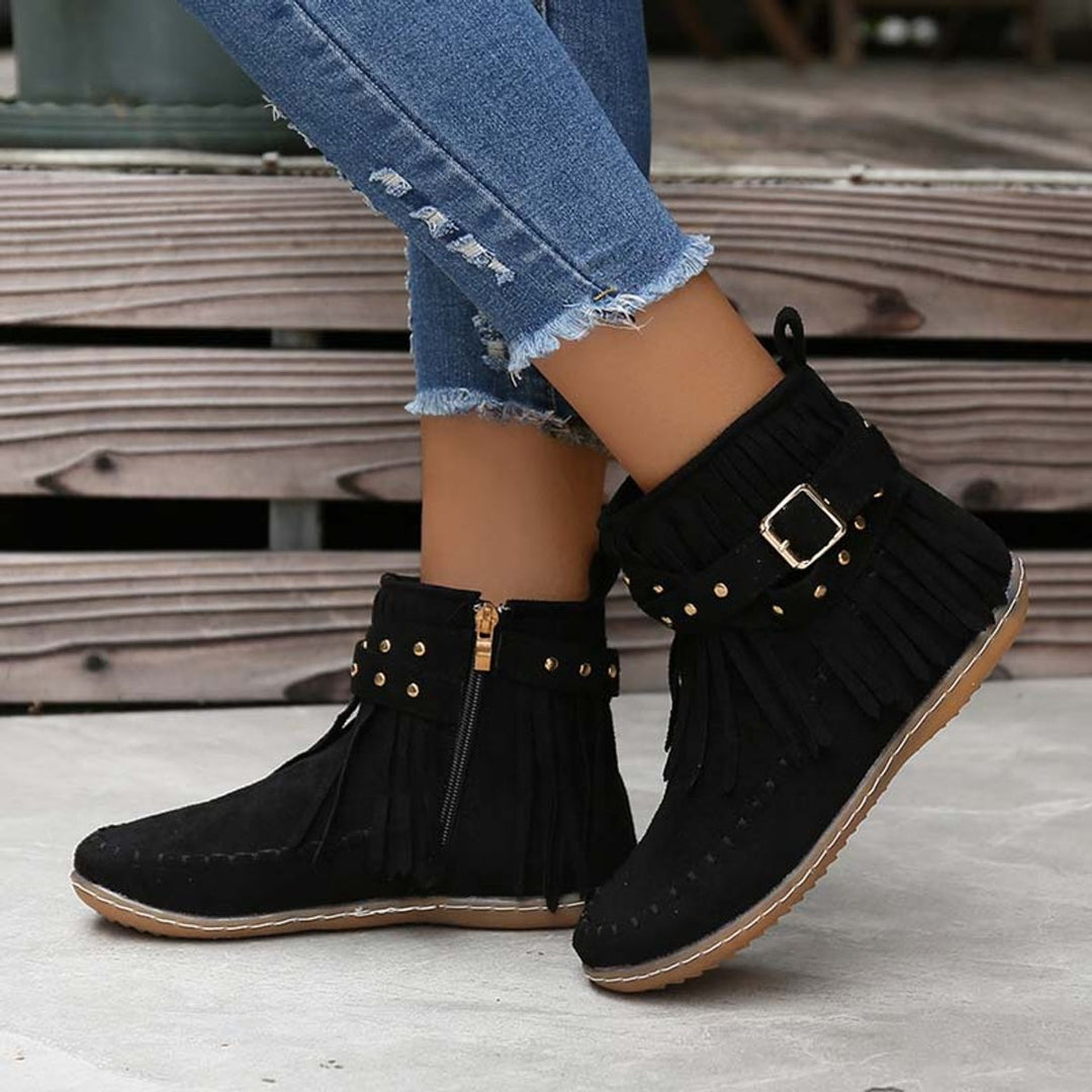 Women's Boho Fringe Studded-Strap Flat Ankle Boots