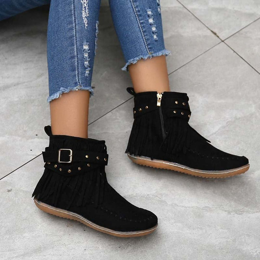 Women's Boho Fringe Studded-Strap Flat Ankle Boots