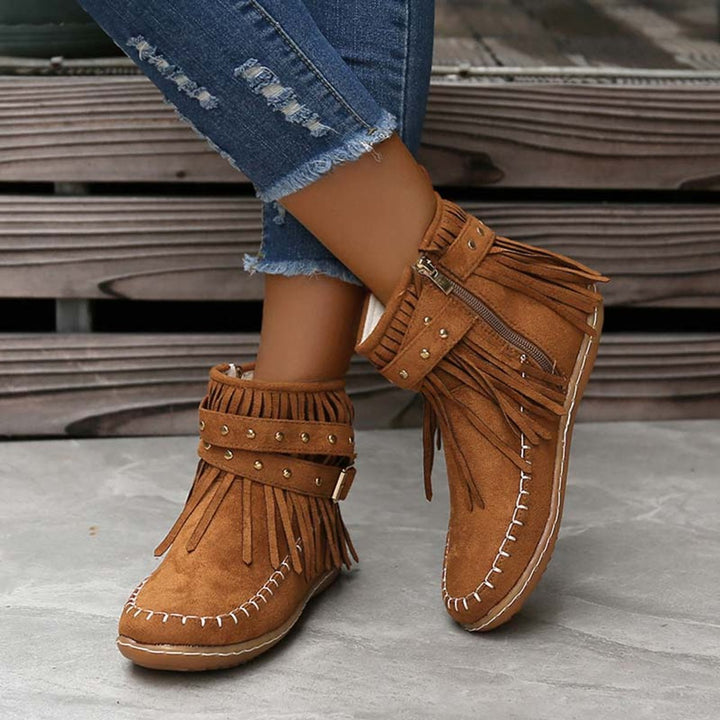 Women's Boho Fringe Studded-Strap Flat Ankle Boots