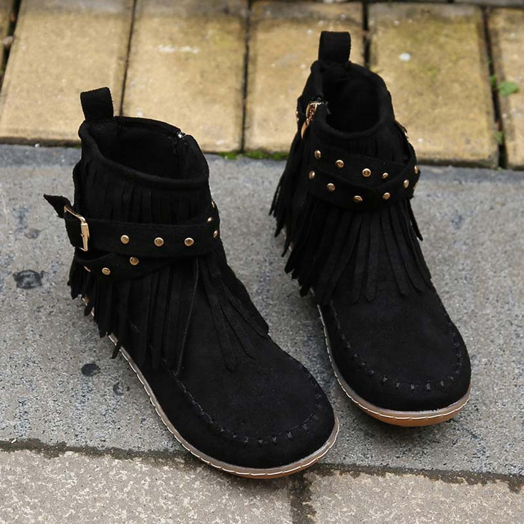 Women's Boho Fringe Studded-Strap Flat Ankle Boots
