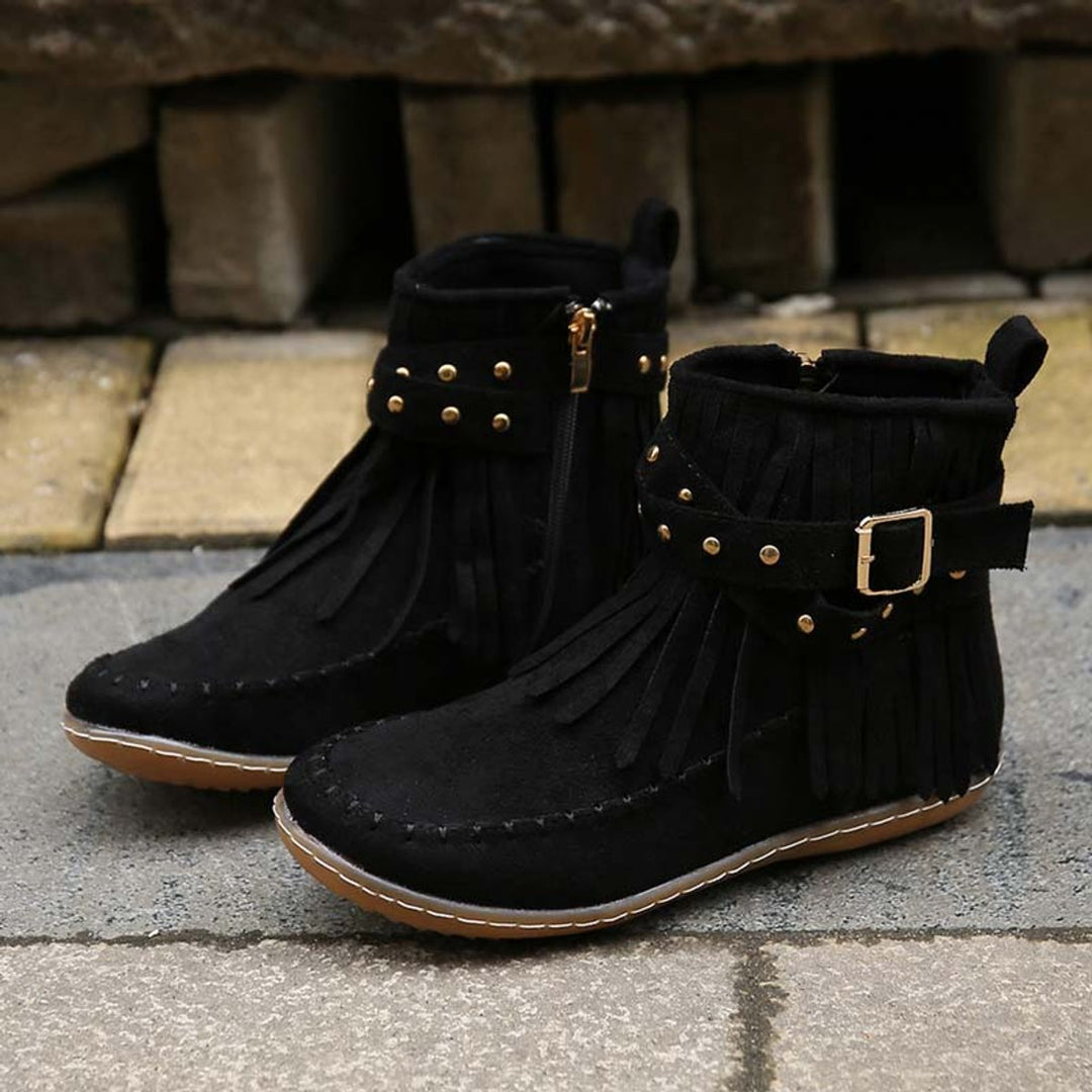 Women's Boho Fringe Studded-Strap Flat Ankle Boots