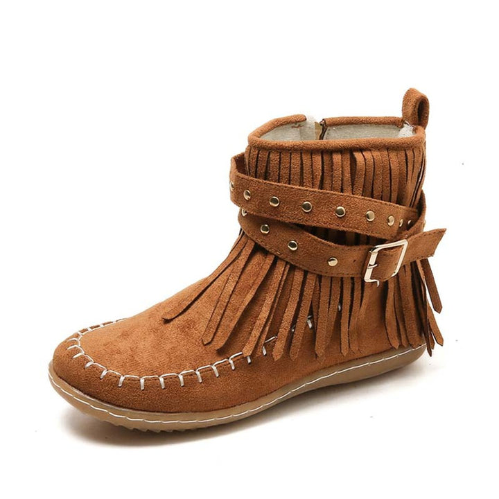Women's Boho Fringe Studded-Strap Flat Ankle Boots
