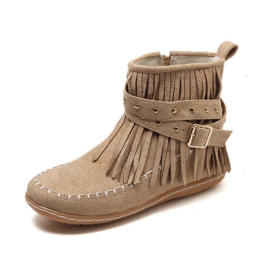 Women's Boho Fringe Studded-Strap Flat Ankle Boots