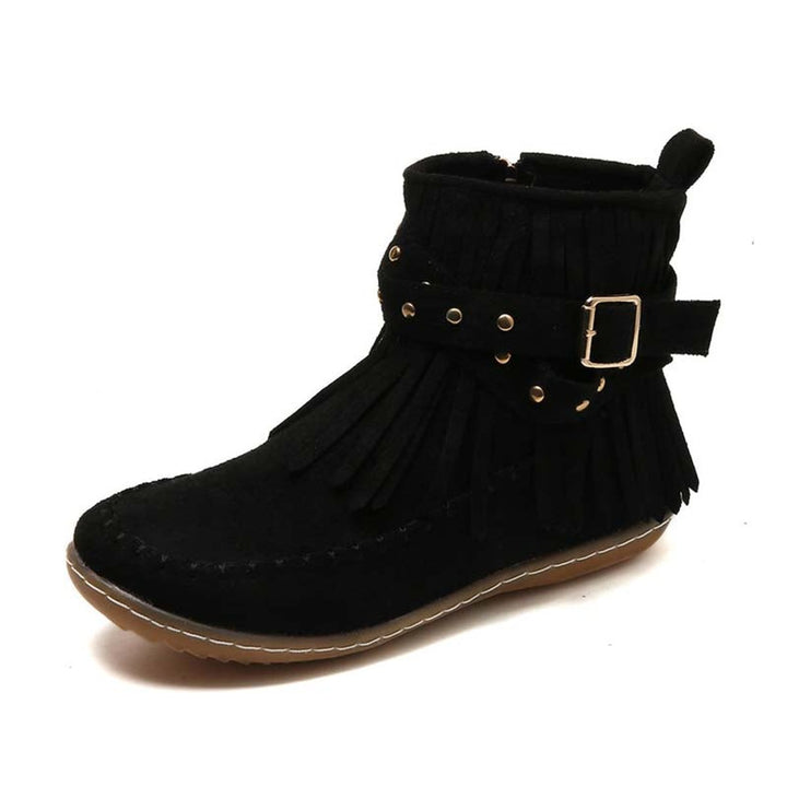 Women's Boho Fringe Studded-Strap Flat Ankle Boots