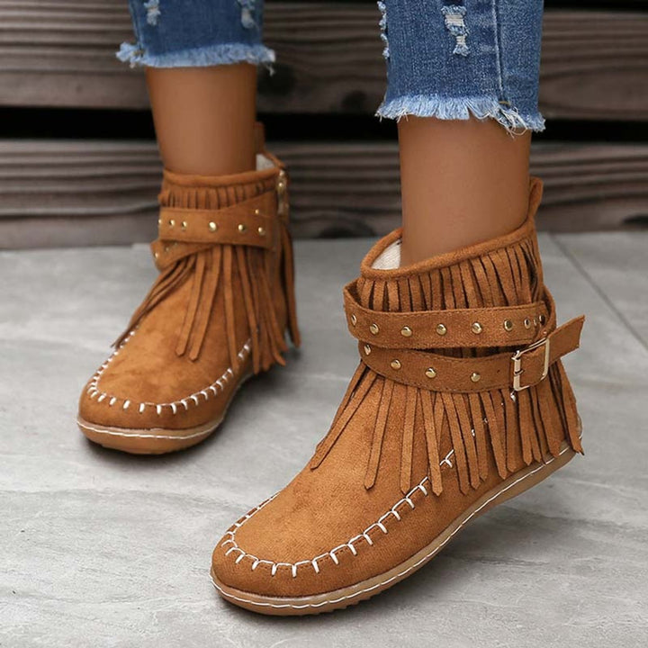 Women's Boho Fringe Studded-Strap Flat Ankle Boots
