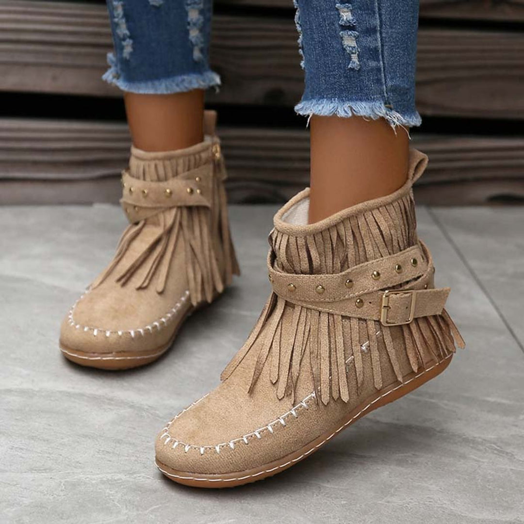 Women's Boho Fringe Studded-Strap Flat Ankle Boots