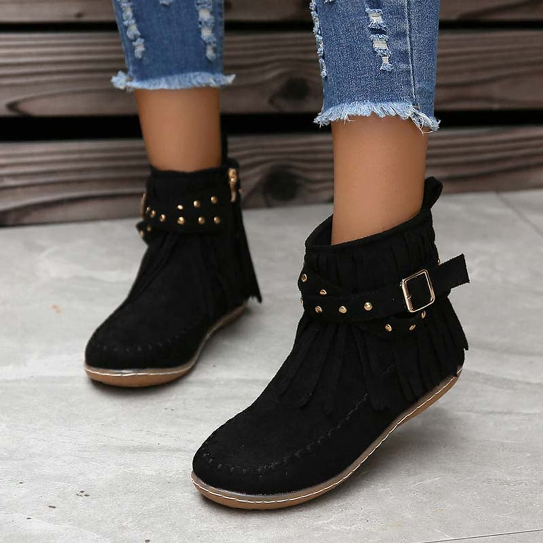 Women's Boho Fringe Studded-Strap Flat Ankle Boots