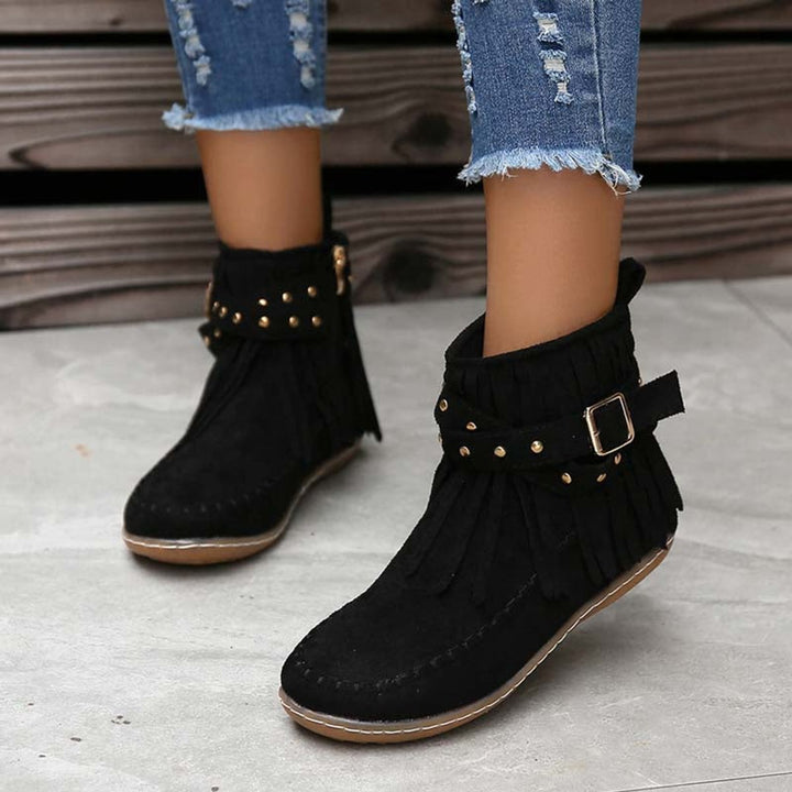 Women's Boho Fringe Studded-Strap Flat Ankle Boots